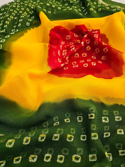 752004 Pure Georgette Multicolor Satin Patta Border Bandhani Saree - Green