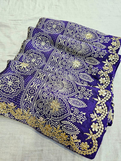 714002 Ajrakh and Patola Print Semi Gajji Silk Saree with Rajasthani Gota Patti Work