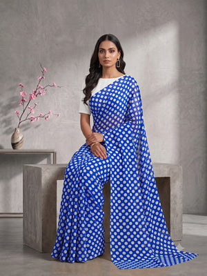 845003 Lightweight Elegant Semi Chiffon Polki Dot Print Saree - Blue White