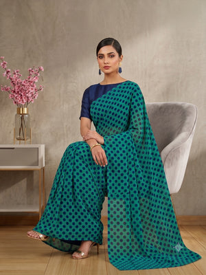 845003 Lightweight Elegant Semi Chiffon Polki Dot Print Saree - Green Blue