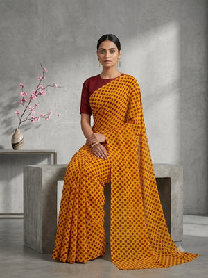 845003 Lightweight Elegant Semi Chiffon Polki Dot Print Saree - Mustered Red