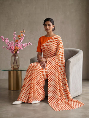 845003 Lightweight Elegant Semi Chiffon Polki Dot Print Saree - Peach Orange