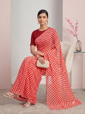 845003 Lightweight Elegant Semi Chiffon Polki Dot Print Saree - Peach Red