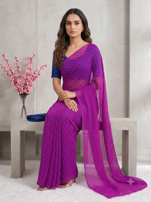 845003 Lightweight Elegant Semi Chiffon Polki Dot Print Saree - Pink Blue