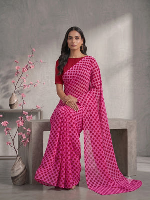 845003 Lightweight Elegant Semi Chiffon Polki Dot Print Saree - Pink Red