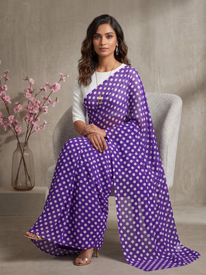 845003 Lightweight Elegant Semi Chiffon Polki Dot Print Saree - Purple White