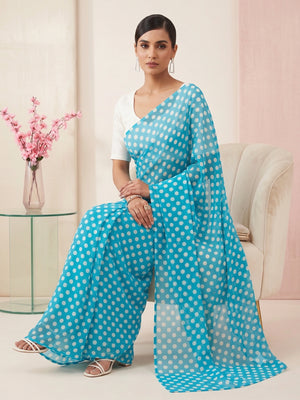 845003 Lightweight Elegant Semi Chiffon Polki Dot Print Saree - Sky Blue White