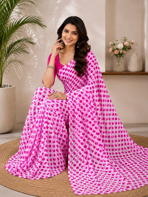 845003 Lightweight Elegant Semi Chiffon Polki Dot Print Saree - White Pink