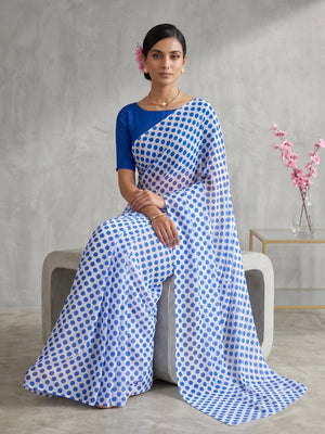 845003 Lightweight Elegant Semi Chiffon Polki Dot Print Saree - White Blue