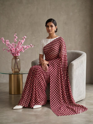 845003 Lightweight Elegant Semi Chiffon Polki Dot Print Saree - Wine White
