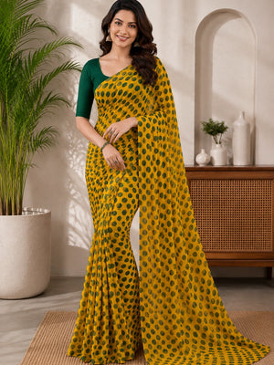845003 Lightweight Elegant Semi Chiffon Polki Dot Print Saree - Yellow Green