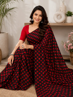 845003 Lightweight Elegant Semi Chiffon Polki Dot Print Saree - Black Red