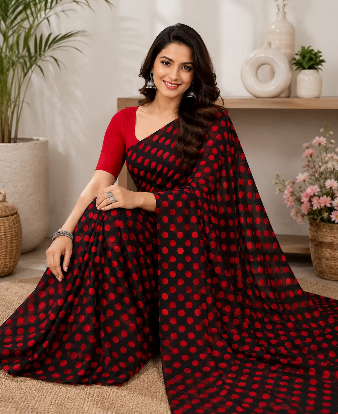 845003 Lightweight Elegant Semi Chiffon Polki Dot Print Saree - Black Red
