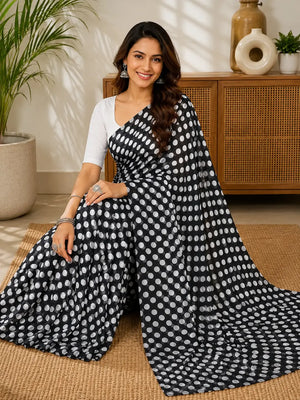845003 Lightweight Elegant Semi Chiffon Polki Dot Print Saree - Black White