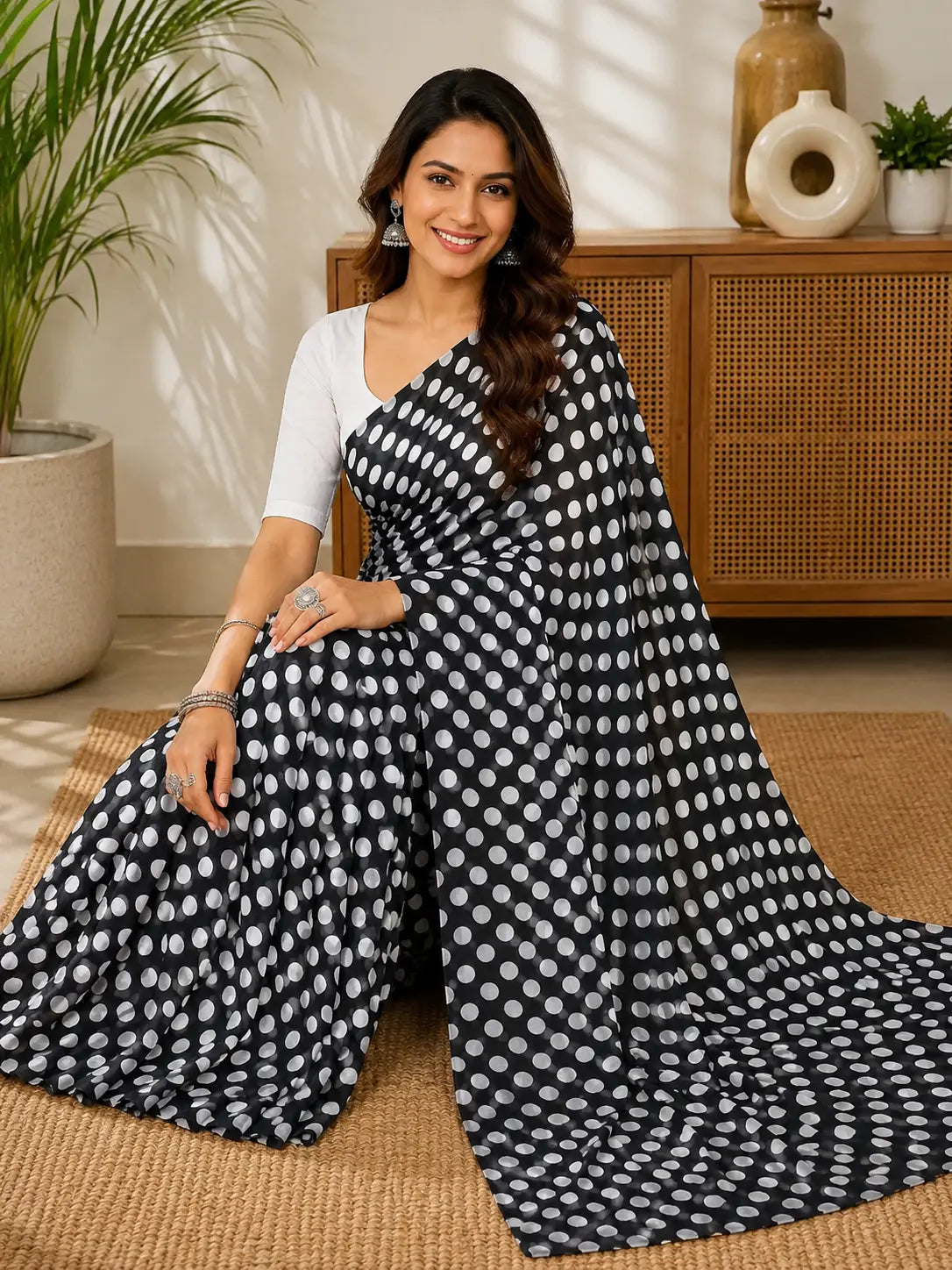 845003 Lightweight Elegant Semi Chiffon Polki Dot Print Saree - Black White