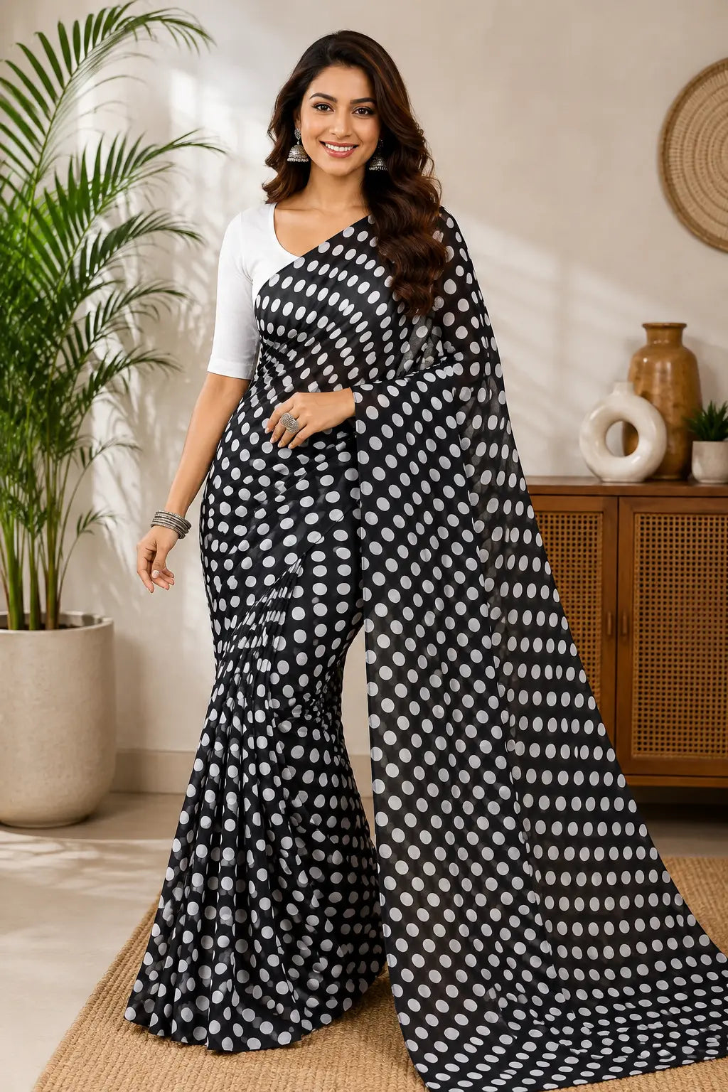 845003 Lightweight Elegant Semi Chiffon Polki Dot Print Saree - Black White