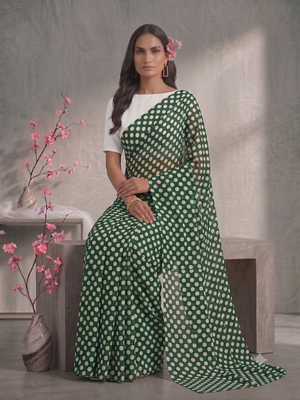 845003 Lightweight Elegant Semi Chiffon Polki Dot Print Saree - Green White