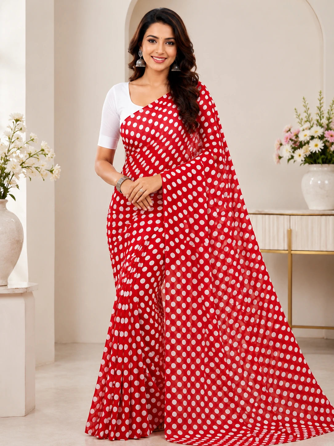845003 Lightweight Elegant Semi Chiffon Polki Dot Print Saree - Red White