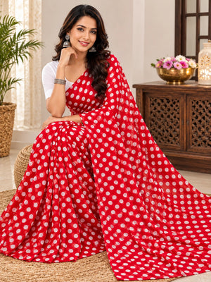 845003 Lightweight Elegant Semi Chiffon Polki Dot Print Saree - Red White