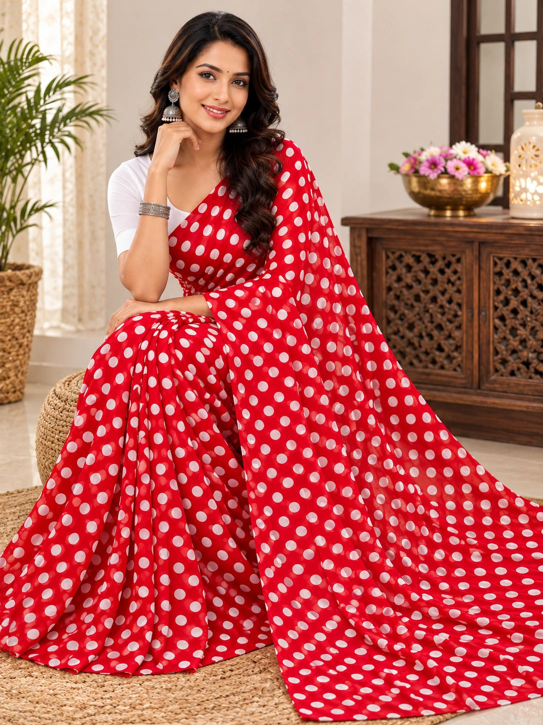 845003 Lightweight Elegant Semi Chiffon Polki Dot Print Saree - Red White