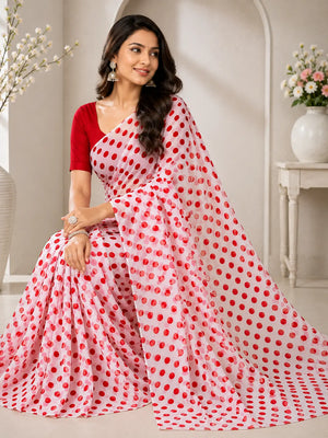 845003 Lightweight Elegant Semi Chiffon Polki Dot Print Saree - White Red