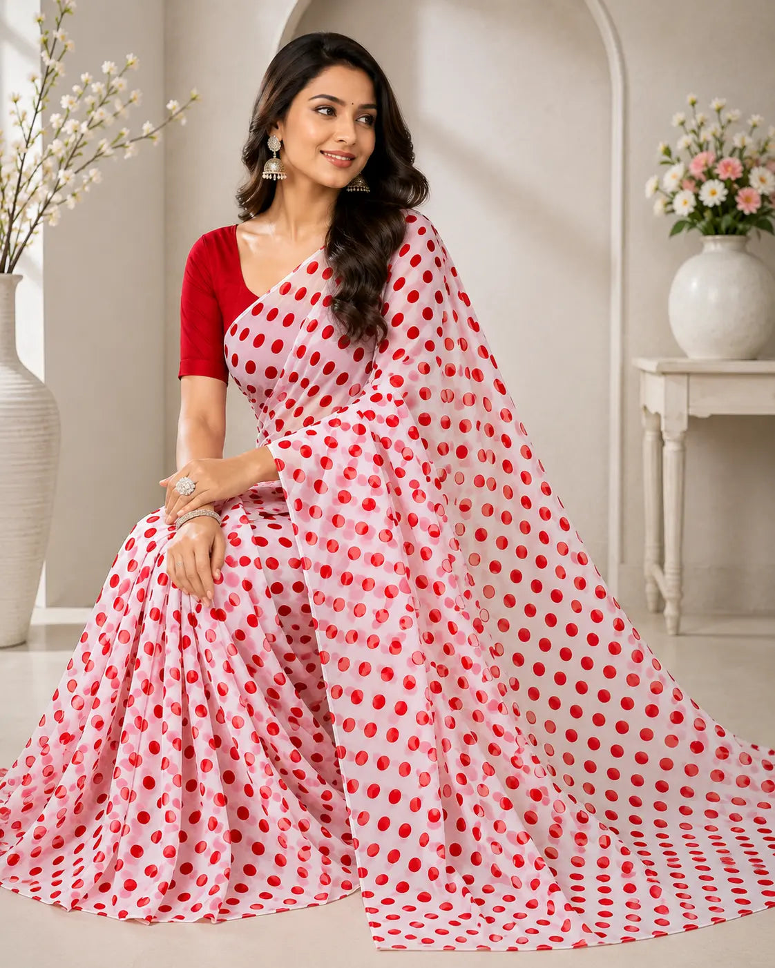 845003 Lightweight Elegant Semi Chiffon Polki Dot Print Saree - White Red