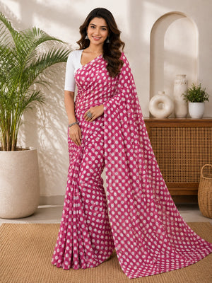 845003 Lightweight Elegant Semi Chiffon Polki Dot Print Saree - Pink White
