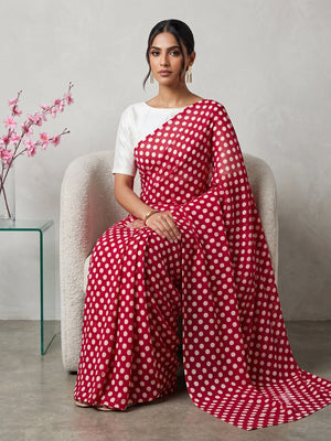 845003 Lightweight Elegant Semi Chiffon Polki Dot Print Saree - Rani White