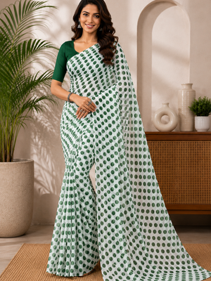 845003 Lightweight Elegant Semi Chiffon Polki Dot Print Saree - White Green