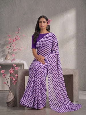 845003 Lightweight Elegant Semi Chiffon Polki Dot Print Saree - White Purple