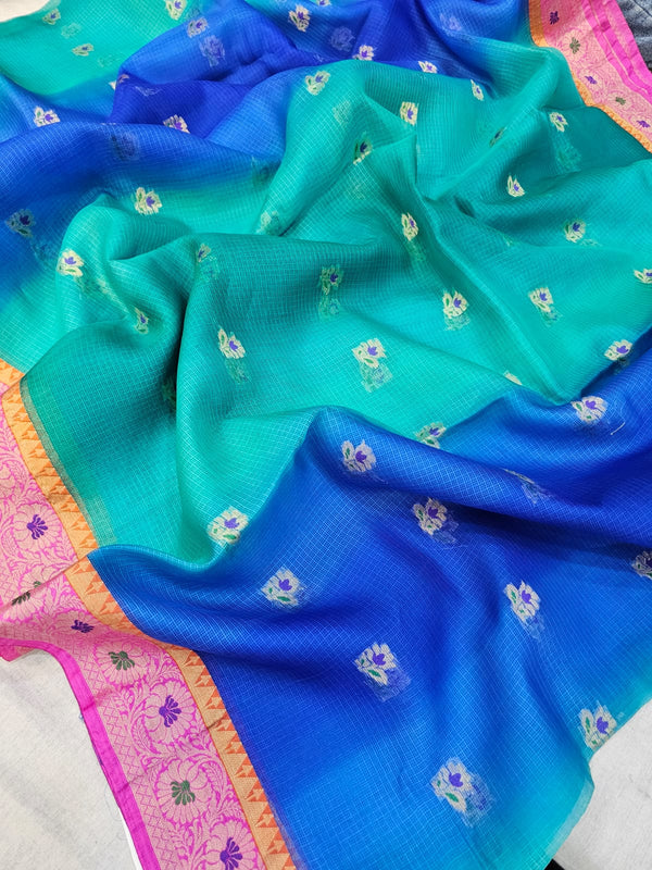 738002 Pure Kota Doria Silk Shaded Saree with Silver Zari