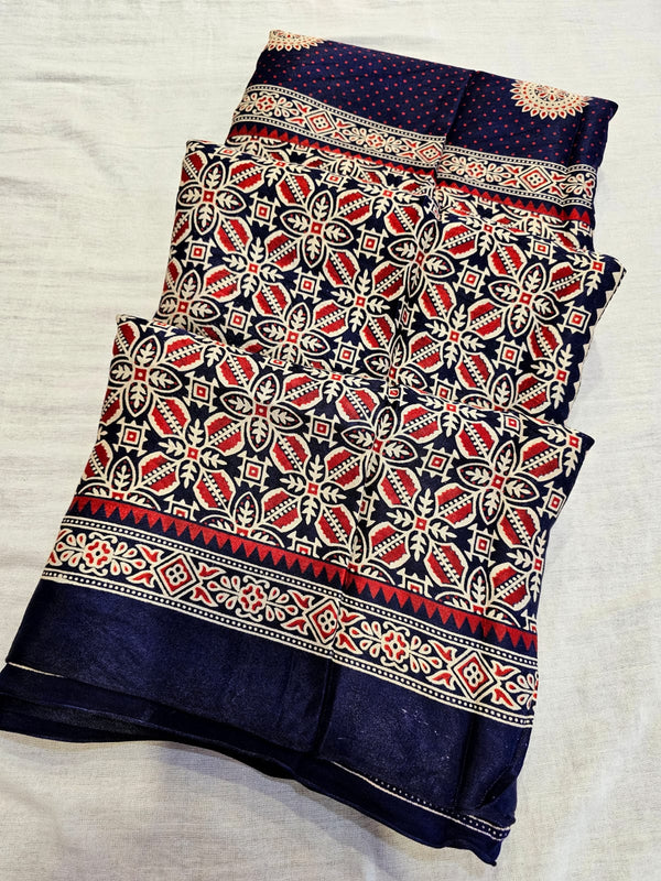 1931 Traditional Ajrakh Printed Gajji Silk Lagadi Patta Pallu Saree - Blue