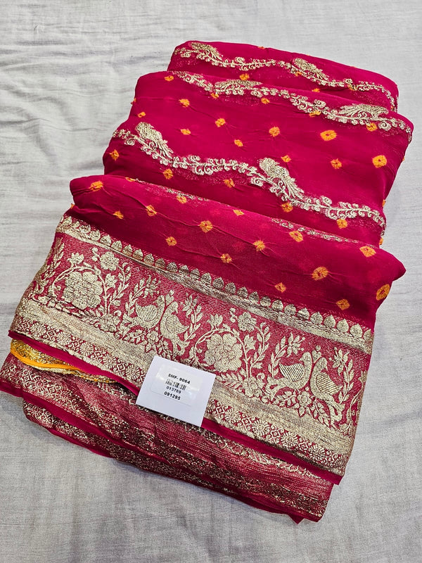 711003 Original Rajasthani Hand Bandhani Saree with Zari Work