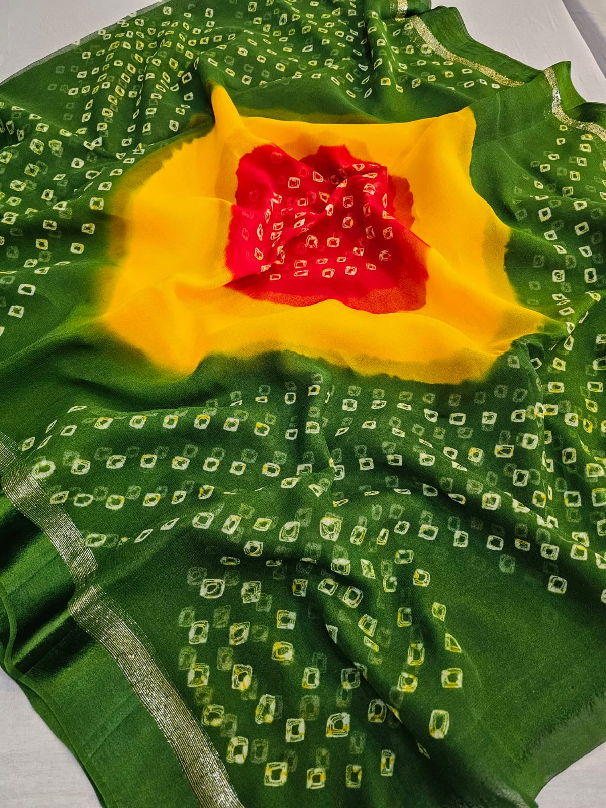 752004 Pure Georgette Multicolor Satin Patta Border Bandhani Saree - Green