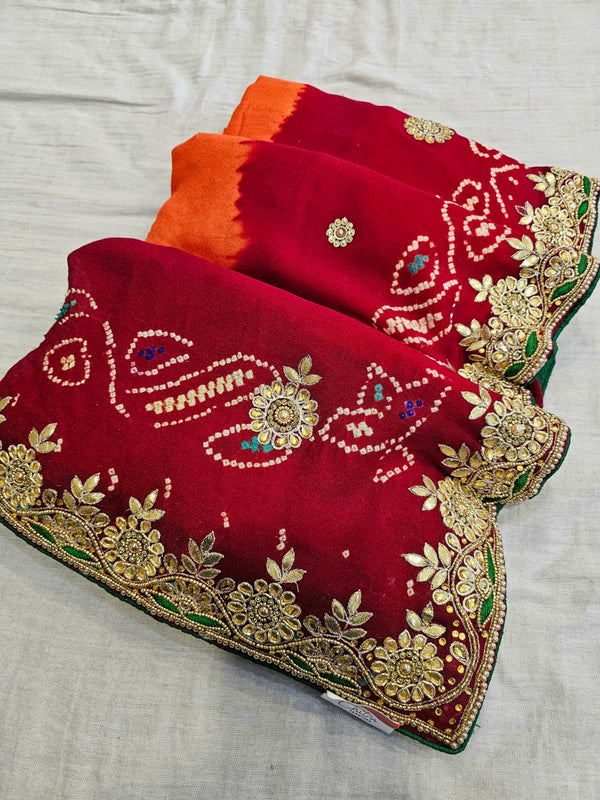 722008 Traditional Rajasthani Pila Bandhani Saree With Gota Patti and Jardoji Work