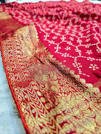 711006 Designer Bandhani Saree with Banarasi Pallu and Border - Red
