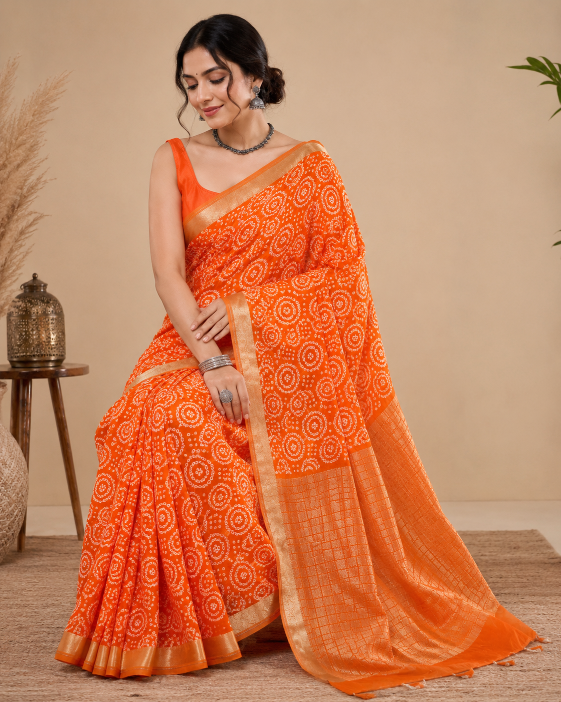 966002 Traditional Hand Bandhani Chinon Silk Soft Saree - Orange