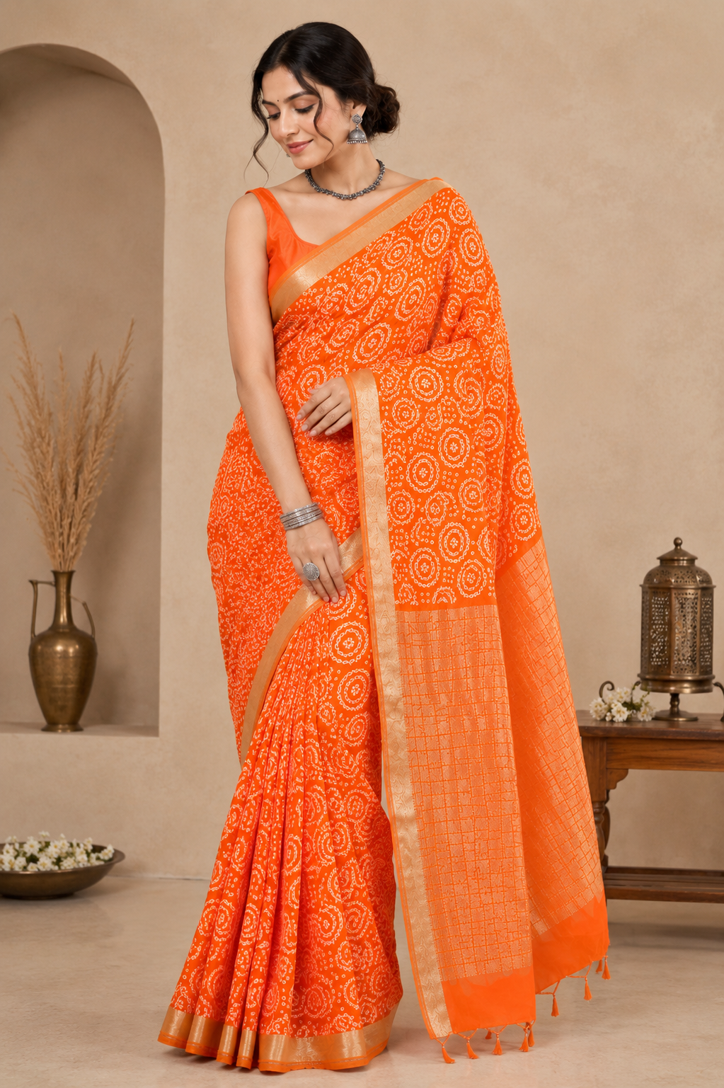 966002 Traditional Hand Bandhani Chinon Silk Soft Saree - Orange