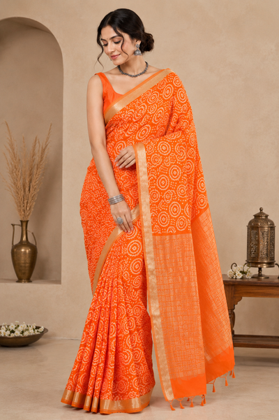 966002 Traditional Hand Bandhani Chinon Silk Soft Saree - Orange