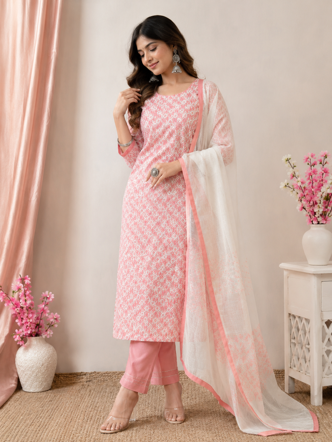 977001 Pure Cotton Kurti with Heavy Embroidery With Dupatta