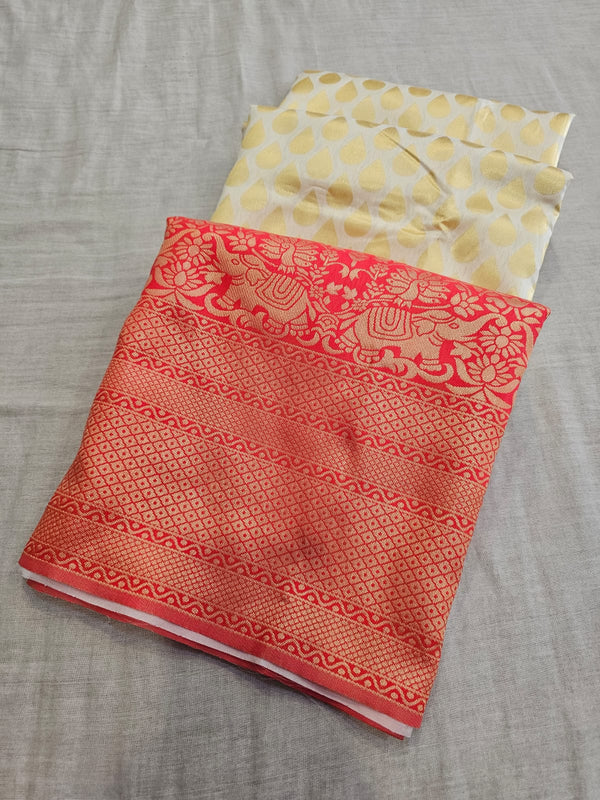 730001 Banarasi Soft Art Silk Gajari Red and White Color Saree With Goled Zari