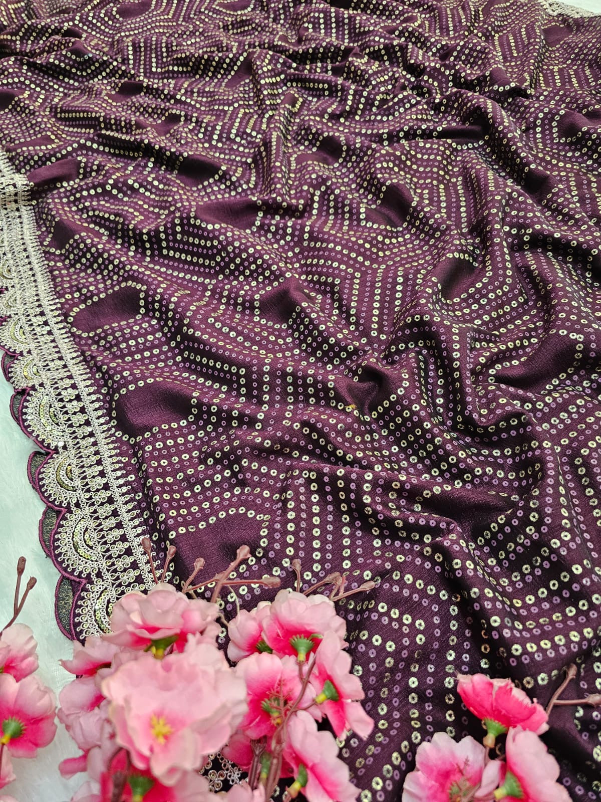 781001 Designer Bandhani Print Dola Silk Saree with Stitched Blouse