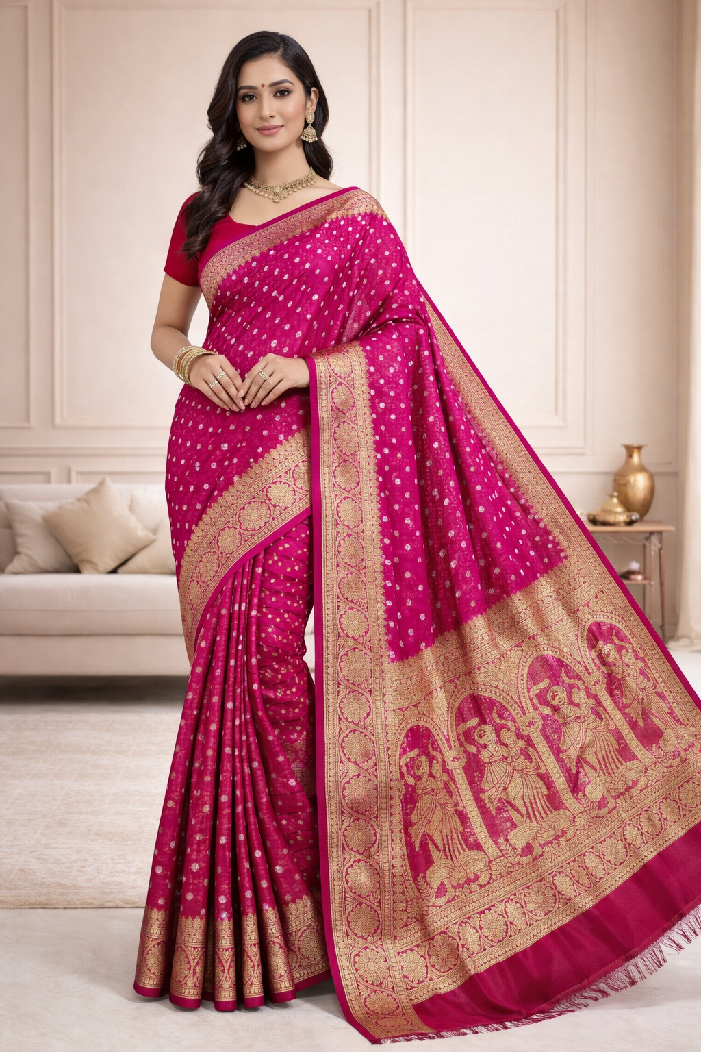 101801 Traditional Bandhani Saree with Banarasi Weaving Pallu and Border - Rani