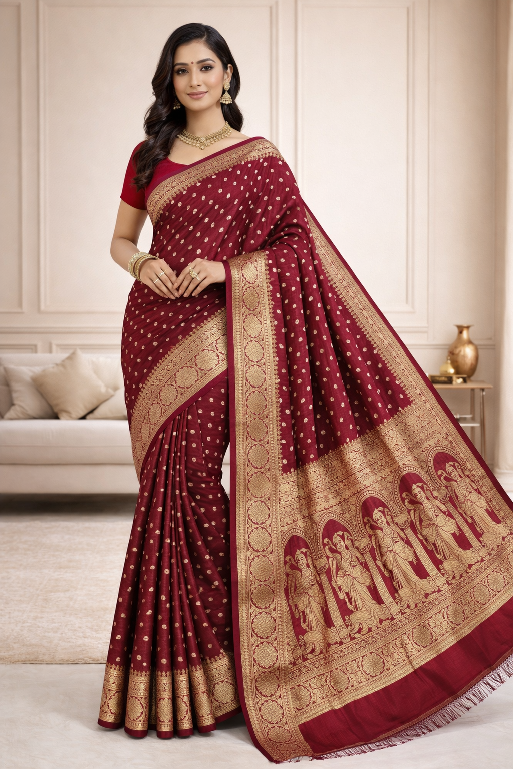 101801 Traditional Bandhani Saree with Banarasi Weaving Pallu and Border - Maroon