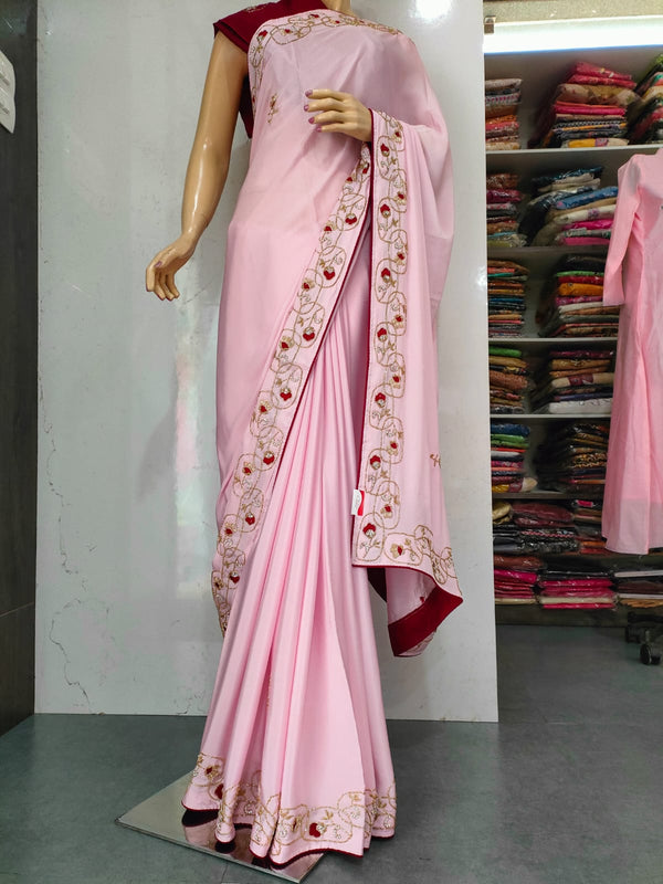 157007 Crape Silk Party Wear Designer Saree With Heavy Cutdana Work - Pink