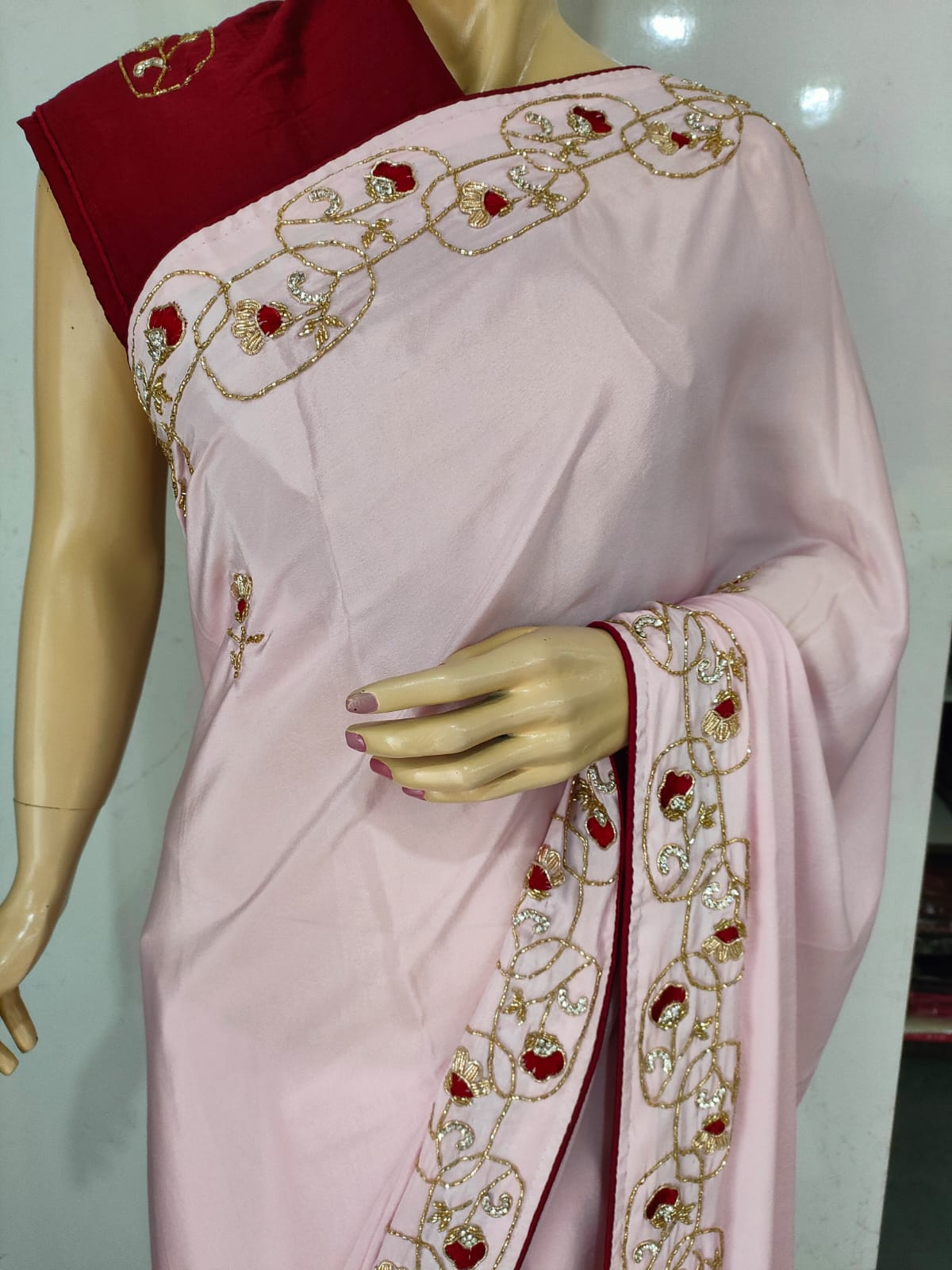 157007 Crape Silk Party Wear Designer Saree With Heavy Cutdana Work - Pink