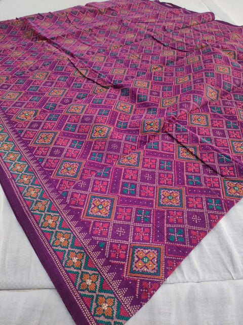 374002 Pure Cotton Patola Printed Saree - Purple