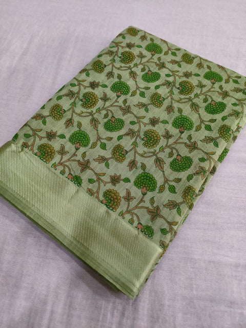 396002 Cotton Flower Print Saree - Green