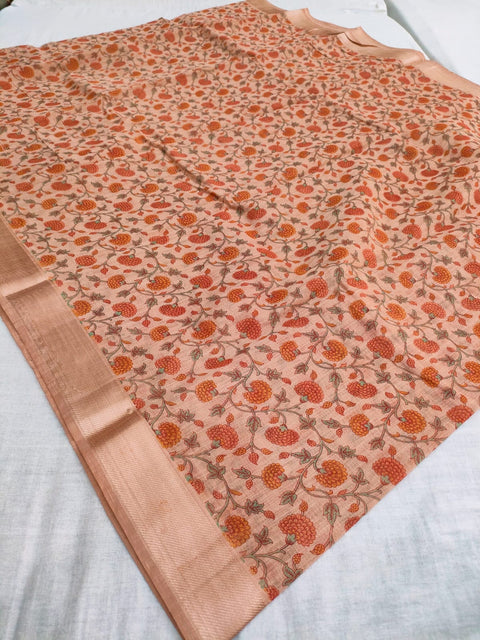 396002 Cotton Flower Print Saree - Peach