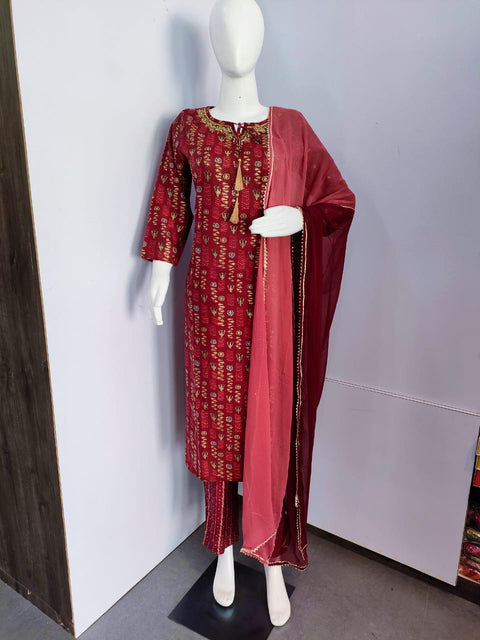 158006 Hand Embroidered Cutdana Work Straight Fit Kurta With Pant And Dupatta 149005